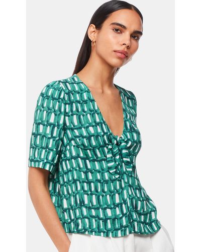 Whistles Linked Smudge Tie Front Top - Green