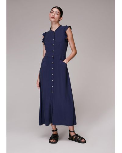 Whistles Frill Sleeve Button Dress - Blue