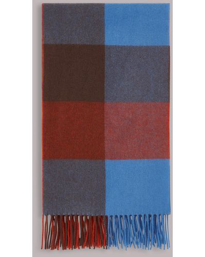 Whistles Checked Fringed Wool Scarf - Blue