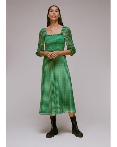 Whistles Lottie Gingham Shirred Dress - Green