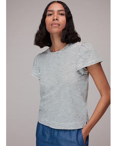 Whistles Cotton Frill Stripe T Shirt - Grey