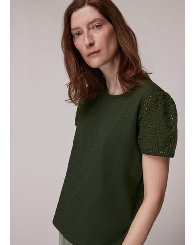 Whistles Broderie Puff Sleeve T-shirt - Green