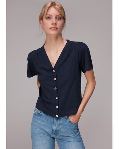 Whistles Maeve V Neck Button Front Tee - Blue