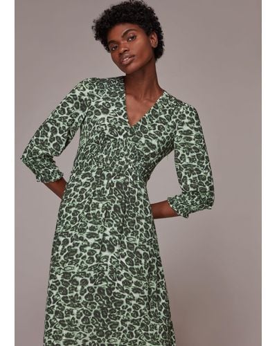 Whistles Clouded Leopard Shirred Dress - Green