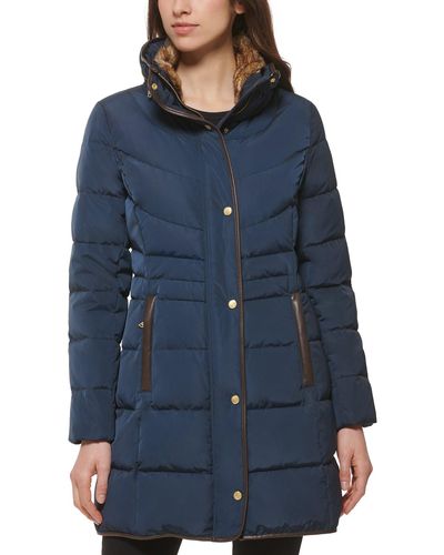 Wilsons Leather Chevron Quilted Taffeta Down Coat With Faux Fur - Blue