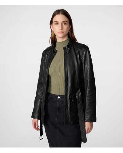 Wilsons Leather Lauren Long Belted Leather Jacket - Black