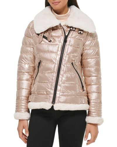 Wilsons Leather Puffer Jacket With Faux Fur Detail - Natural