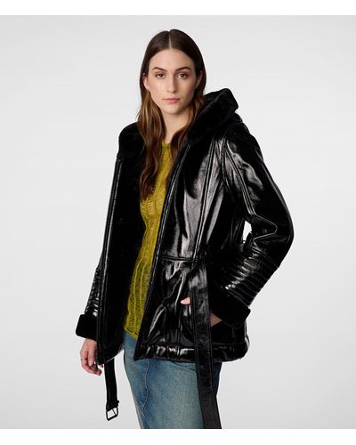 Wilsons Leather Gabby Shine Leather Hooded Jacket - Black