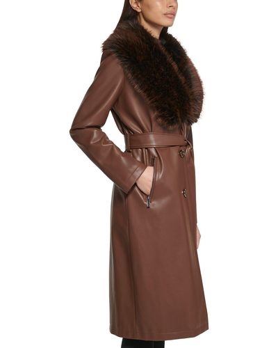 Wilsons Leather Belted Faux Leather Trench With Faux Fur Shawl Collar - Brown