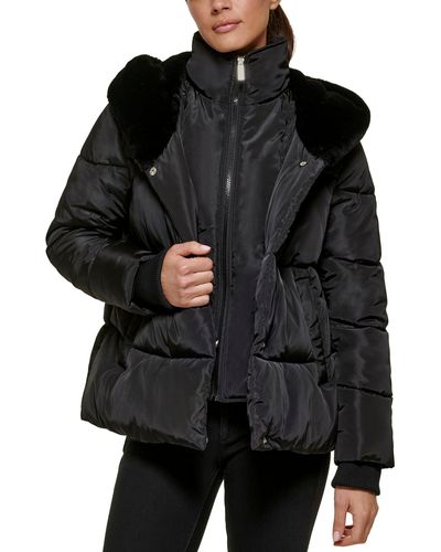 Wilsons Leather Quilted Puffer With Bib And Faux Fur Lined Hood - Black