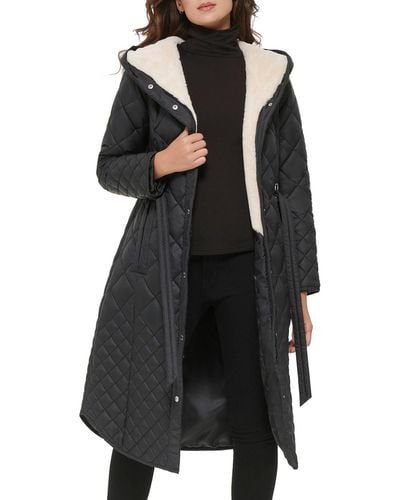 Wilsons Leather Belted Quilted Long Jacket With Faux Sherpa Lining - Black