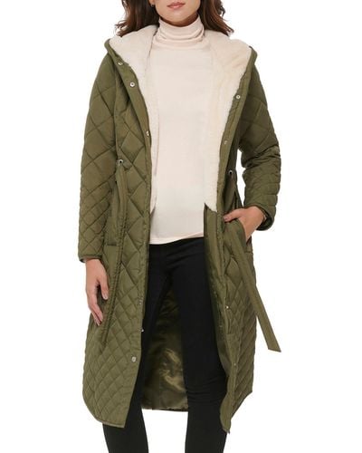 Wilsons Leather Belted Quilted Long Jacket With Faux Sherpa Lining - Green