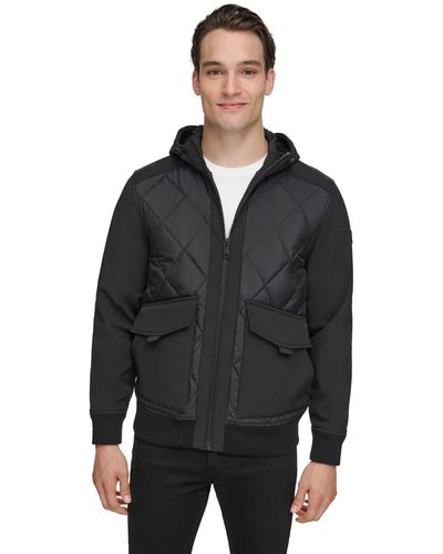 Wilsons Leather Mixed Media Hooded Bomber - Black