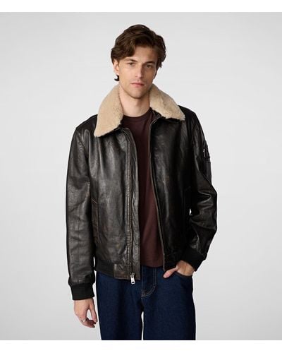 Wilsons Leather Jimmy Leather Aviator Bomber Jacket With Shearling Collar - Black