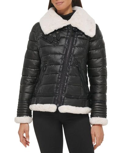 Wilsons Leather Puffer Jacket With Faux Fur Detail - Black
