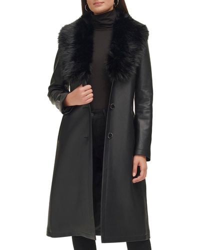 Wilsons Leather Belted Faux Leather Trench With Faux Fur Shawl Collar - Black