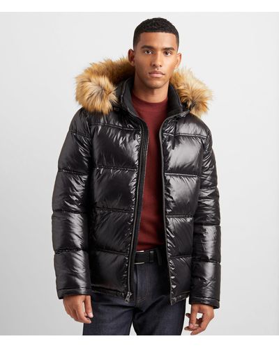 Wilsons Leather Puffer Jacket With Fur Hood - Black