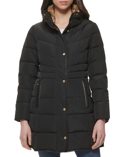Wilsons Leather Chevron Quilted Taffeta Down Coat With Faux Fur - Black
