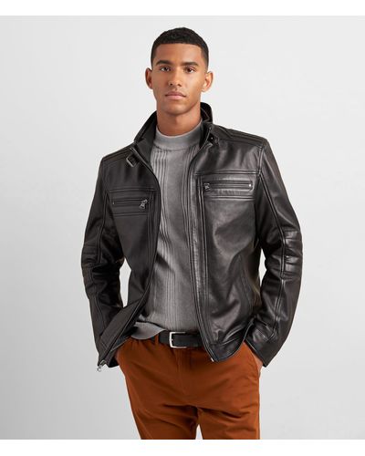Wilsons Leather Leather Racer Jacket With Rib Knit Trim - Gray