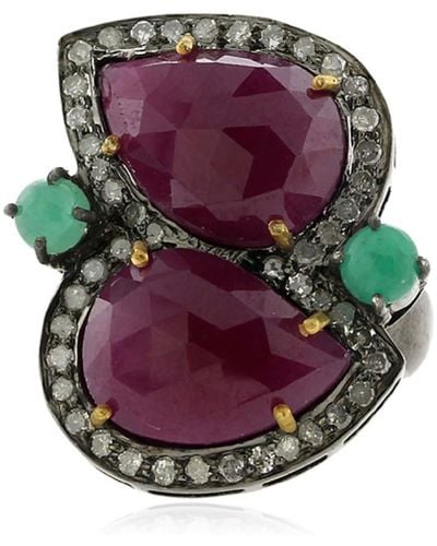 Artisan Ruby Emerald Diamond 18k Gold 925 Sterling Silver Long Ring Jewelry - Purple