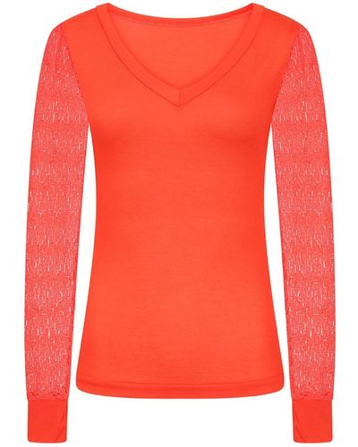 Sophie Cameron Davies Burnt Orange V-neck Jersey Lace Sleeve Top - Red