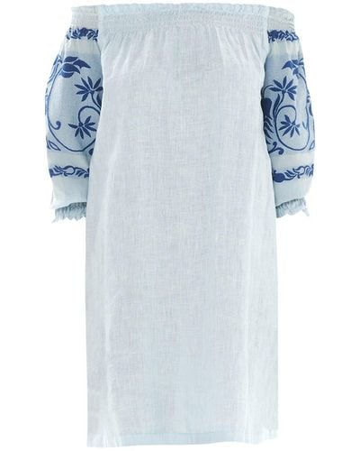 Haris Cotton Off Shoulder Linen Dress With Embroidered Details Ocean Air - Blue