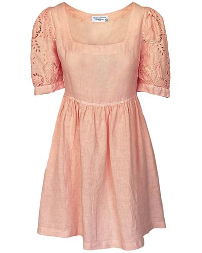Haris Cotton Mini Length Linen Dress With Puff Emdroidered Sleeve - Pink