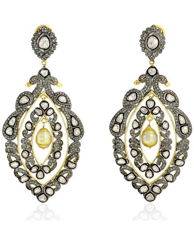 Artisan Pearl With Rose Cut Diamond Peacock Design Dangle Earrings In 14kt Gold Sterling Silver - Metallic