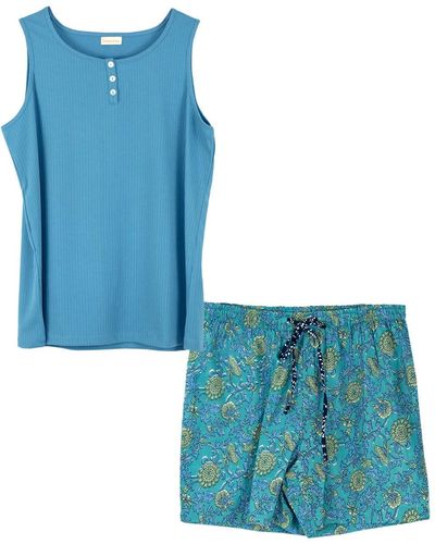 Inara Indian Cotton Waterlily Print Shorts And Sleeveless Ribbed Top - Blue