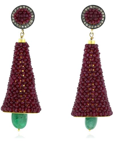 Artisan 14k Gold 925 Silver With Beaded Ruby & Emerald Pave Diamond Designer Earrings - Red