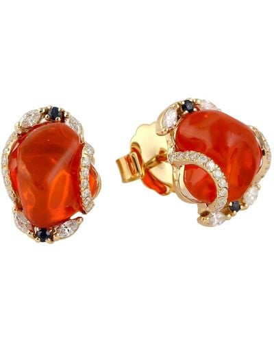 Artisan 18k Yellow Gold Fire Opal & Diamond Stud Earrings Women Party Wear Jewelry - Red