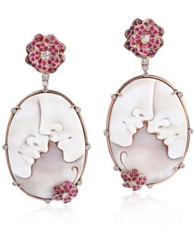 Artisan Diamond 18k Rose Gold Flower Dangle Earrings Carving Shell Cameos Ruby Jewelry - Pink