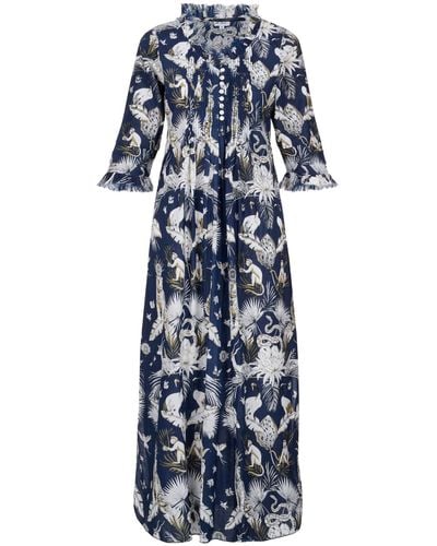 At Last Cotton Annabel Maxi Dress In Navy Tropical - Blue