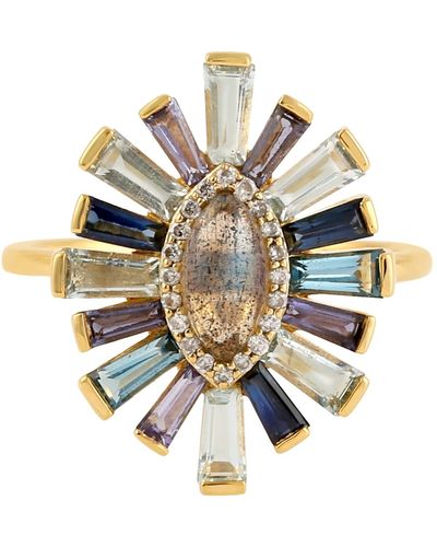Artisan 18k Gold With Diamond & Baguette Multi Gemstone Evil Eye Ring - Metallic