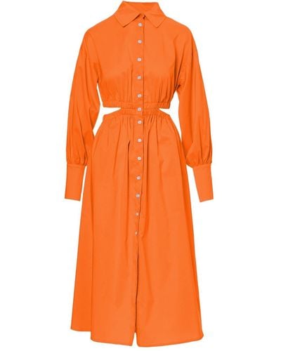 BLUZAT Orange Midi Shirt Dress With Waist Cut-out