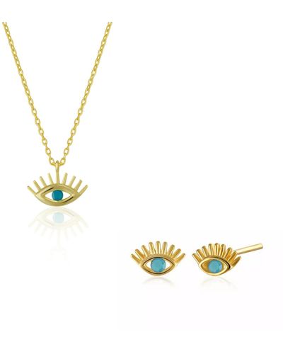 Spero London Turquoise Blue Eye Evil Eye Sterling Silver Necklace & Earring Set - Metallic