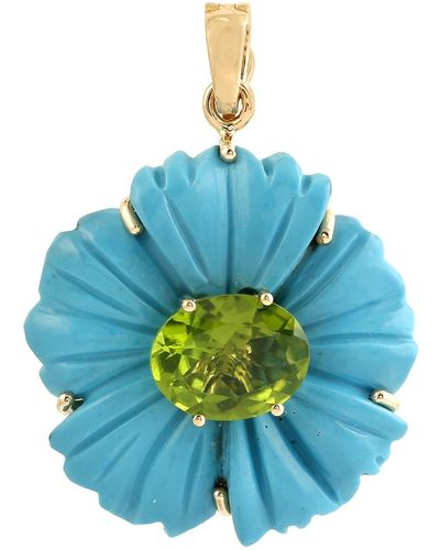 Artisan Carved Turquoise & Oval Shape Peridot With 18k Gold In Tropical Flower Charm Pendant - Blue