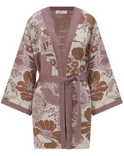 Peraluna Floral Pattern Shimmer Detailed Short Knit Kimono - Brown