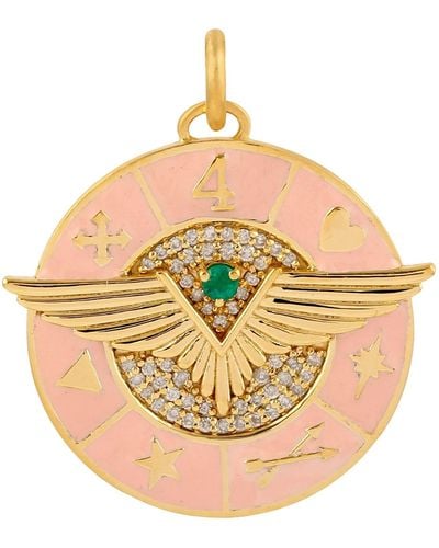 Artisan 14k Solid Gold Natural Emerald Diamond Angel Wing Pendant - Metallic