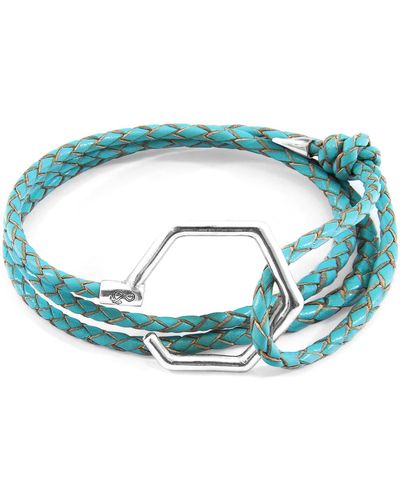 Anchor and Crew Turquoise Blue Storey Silver & Braided Leather Bracelet