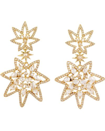 Artisan 18k Yellow Gold Pave Diamond Star Design Dangle Earrings Women's Jewelry - Metallic