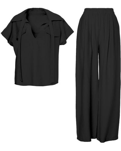 BLUZAT Matching Linen Set With Shirt With Pockets And Wide Leg Pants - Black