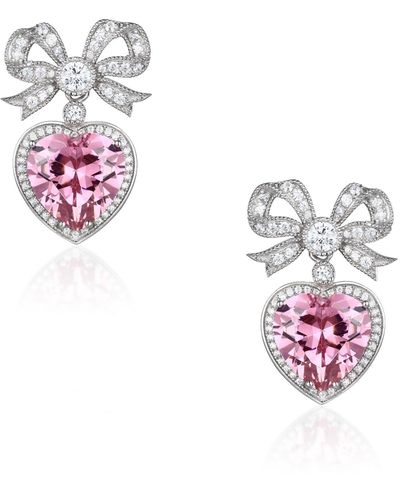 Santinni Princess Bow & Crystal Heart Silver Earrings - Pink