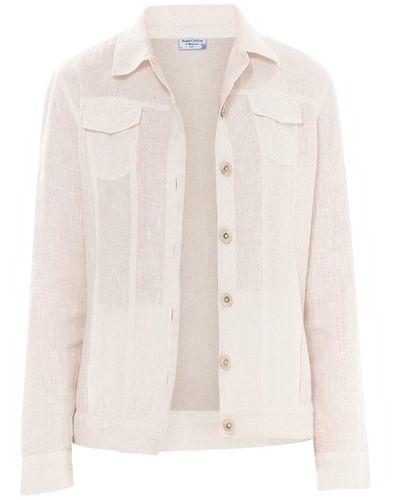 Haris Cotton Neutrals Flap Pocket Linen Jacket With Lace - White