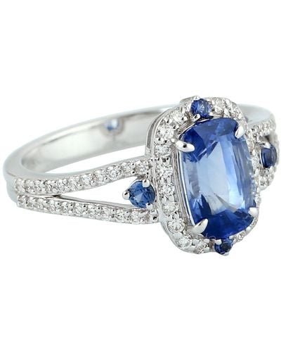 Artisan Solid 18k White Gold Blue Sapphire & Diamond Solitaire With Accents Ring Jewelry