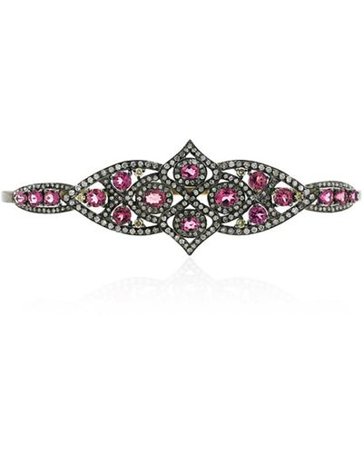 Artisan Pink Tourmaline & Pave Diamond In 18k Gold With 925 Silver Designer Palm Bracelet - Multicolour