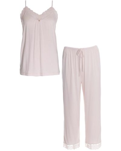 Pretty You London Bamboo Lace Cami Cropped Trouser Pj Set In Powder Puff - Pink