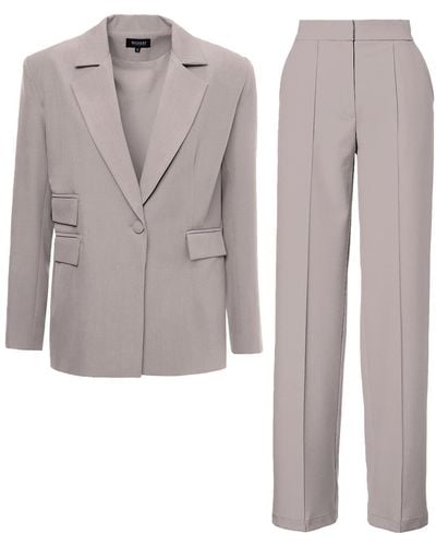 BLUZAT Neutrals Suit With Regular Blazer With Double Pocket And Stripe Detail Trousers - Grey