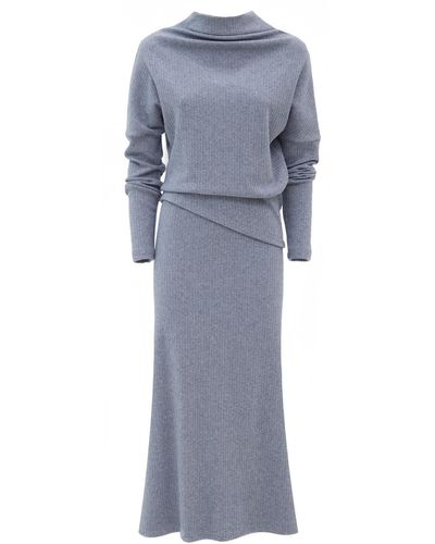 Julia Allert Rib Knit Suit Asymmetric Blouse & Basik Skirt - Blue