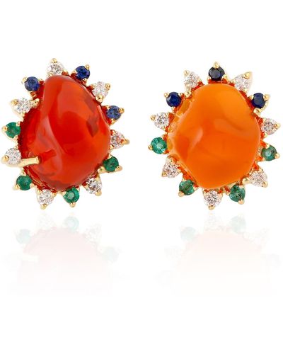 Artisan 18k Yellow With Fire Opal & Blue Sapphire And Emerald Prong Diamond Stud Earrings - Orange